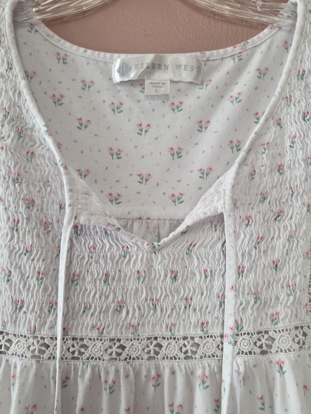 EILEEN WEST Smocked Sweetheart Pink Roses Jersey Knit Nightgown Large - Picture 4 of 7